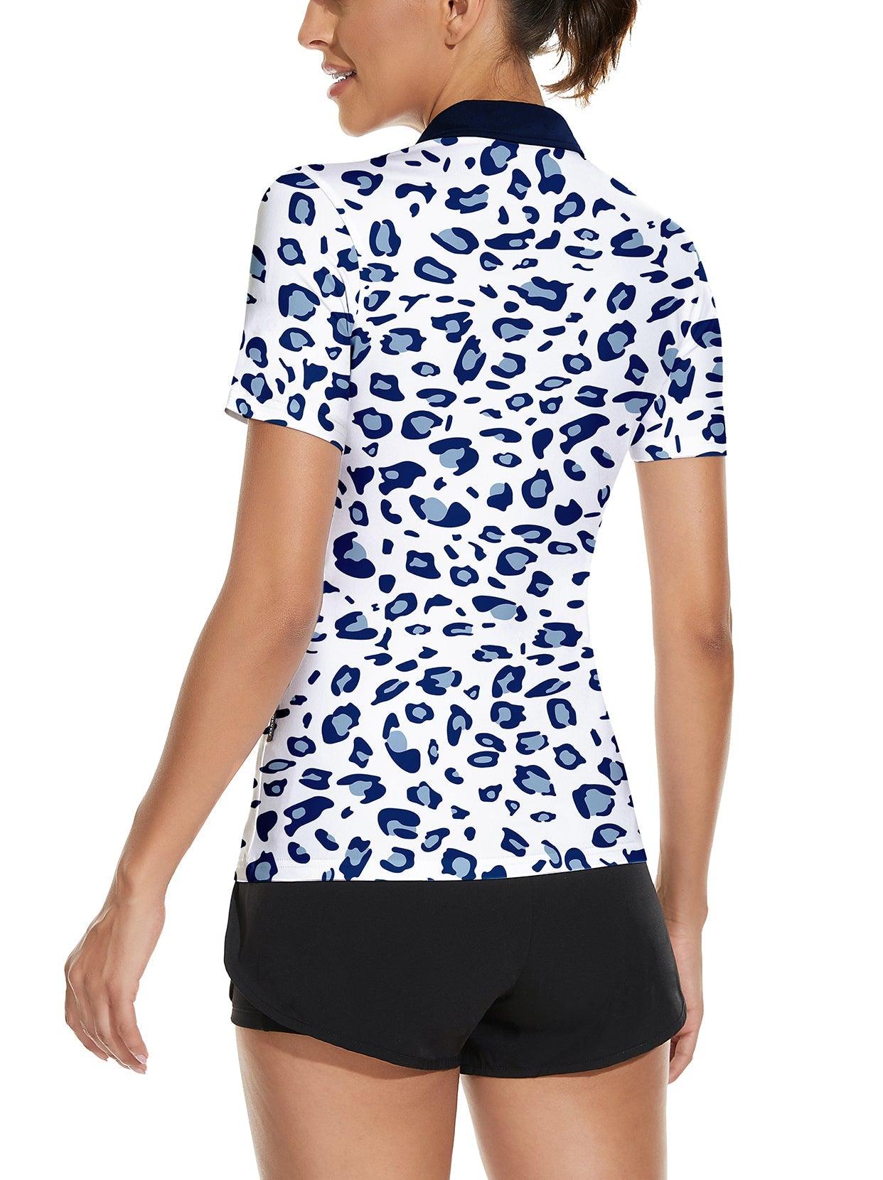 Blue Leopard Print Quarterzip Short Sleeves Golf Polo Shirt for Women