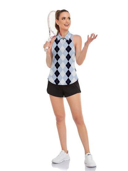 Blue and Black Checkerboard Athletic Polo Shirt For Women