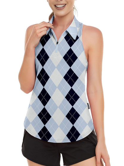 Soneven Ladies Golf Sleeveless Polo-??Blue and Black Checkerboard Athletic Polo Shirts Moisture Wicking Tennis Shirts Dry Fit