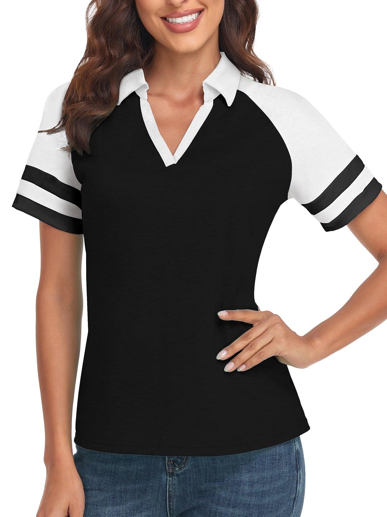 Black V-neck Short-sleeved Polo Golf and Tennis Top for Women