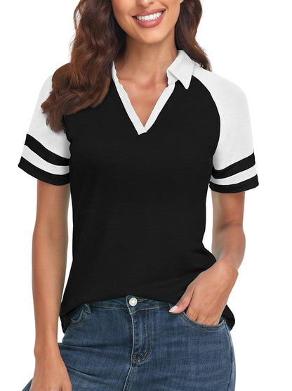 Black V-neck Short-sleeved Polo Golf and Tennis Top for Women