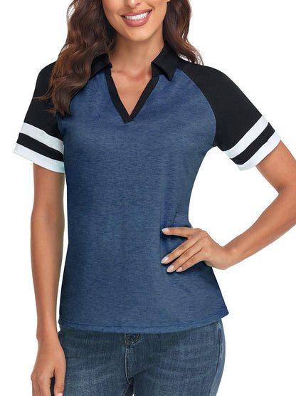 Dark Blue V-neck Short-sleeved Polo Golf and Tennis Top for Women