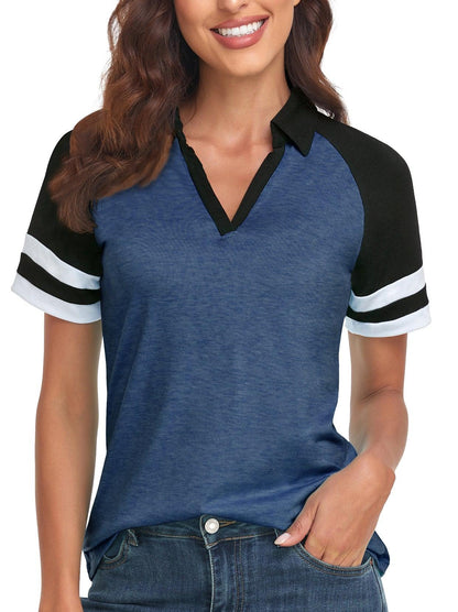 Dark Blue V-neck Short-sleeved Polo Golf and Tennis Top for Women