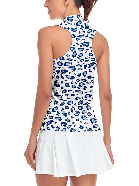 Blue Leopard Print Quarterzip Sleeveless Golf Polo Shirts For Women