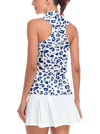 Blue Leopard Print Quarterzip Sleeveless Golf Polo Shirts For Women