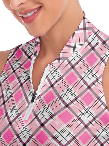 Ladies Sleeveless Golf Polo- 🏌🏿‍♀️SO® Pink and White Checkerboard  Athletic Polo Shirts Moisture Wicking Tennis Shirts Dry Fit