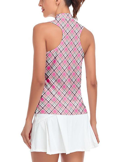 Ladies Sleeveless Golf Polo- 🏌🏿‍♀️SO® Pink and White Checkerboard  Athletic Polo Shirts Moisture Wicking Tennis Shirts Dry Fit