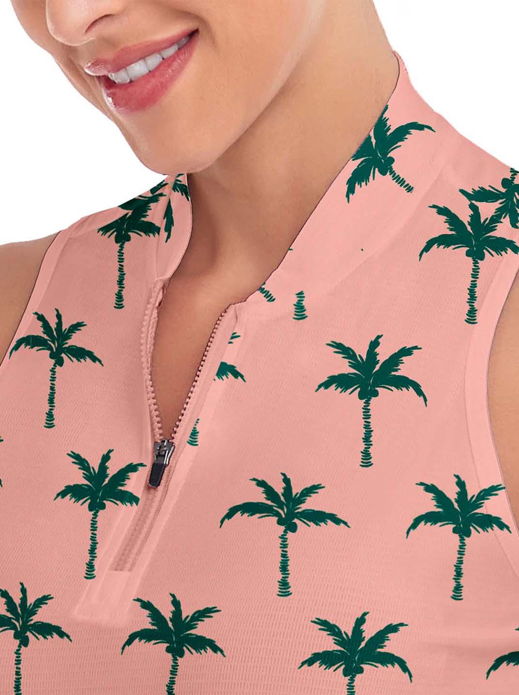 Ladies Sleeveless Golf Polo- 🏌🏿‍♀️SO® Green Coconut Tree on Pink Background Print  Athletic Polo Shirts Moisture Wicking Tennis Shirts Dry Fit Athletic Polo Shirts Moisture Wicking Tennis Shirts Dry Fit