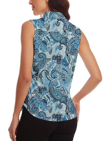 Blue Sleeveless Paisley Floral Athletic Golf Polo Shirts For Women