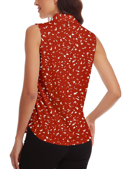 Ladies Golf Sleeveless Floral Athletic Polo Shirts-??Red Background Spots Shirts Moisture Wicking Tennis Shirts Dry Fit