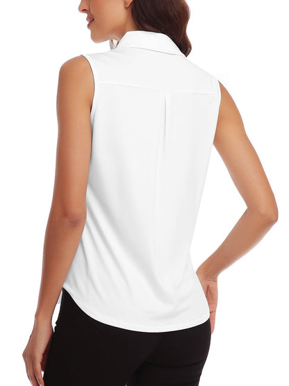 White Button-Down Sleeveless Golf Shirt For Women