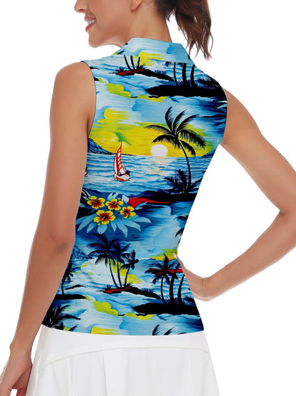 Ladies Sleeveless Golf Polo- 🏌🏿‍♀️SO® Coconut Tree on Blue Background V-neck Sleeveless Shirts Moisture Wicking Tennis Shirts Dry Fit