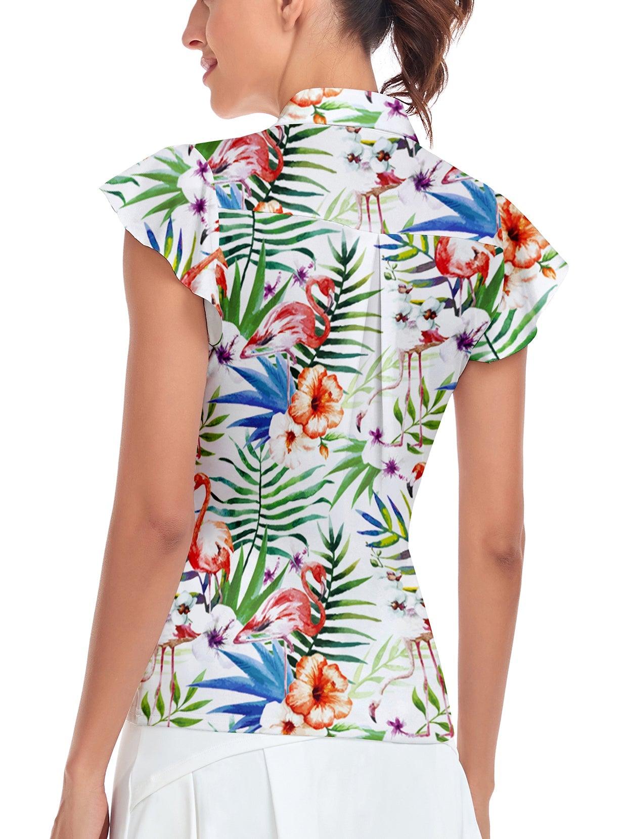 Flamingo Print Petal Sleeve Golf Shirts Short-sleeve Golf Shirt for Ladies