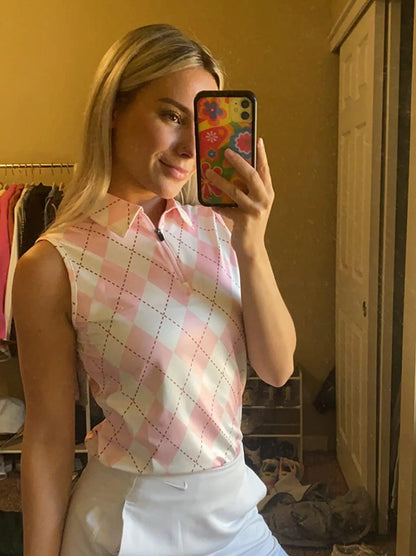 Pink And White Checkerboard Sleeveless Quarter-Zip Golf Polo For Women