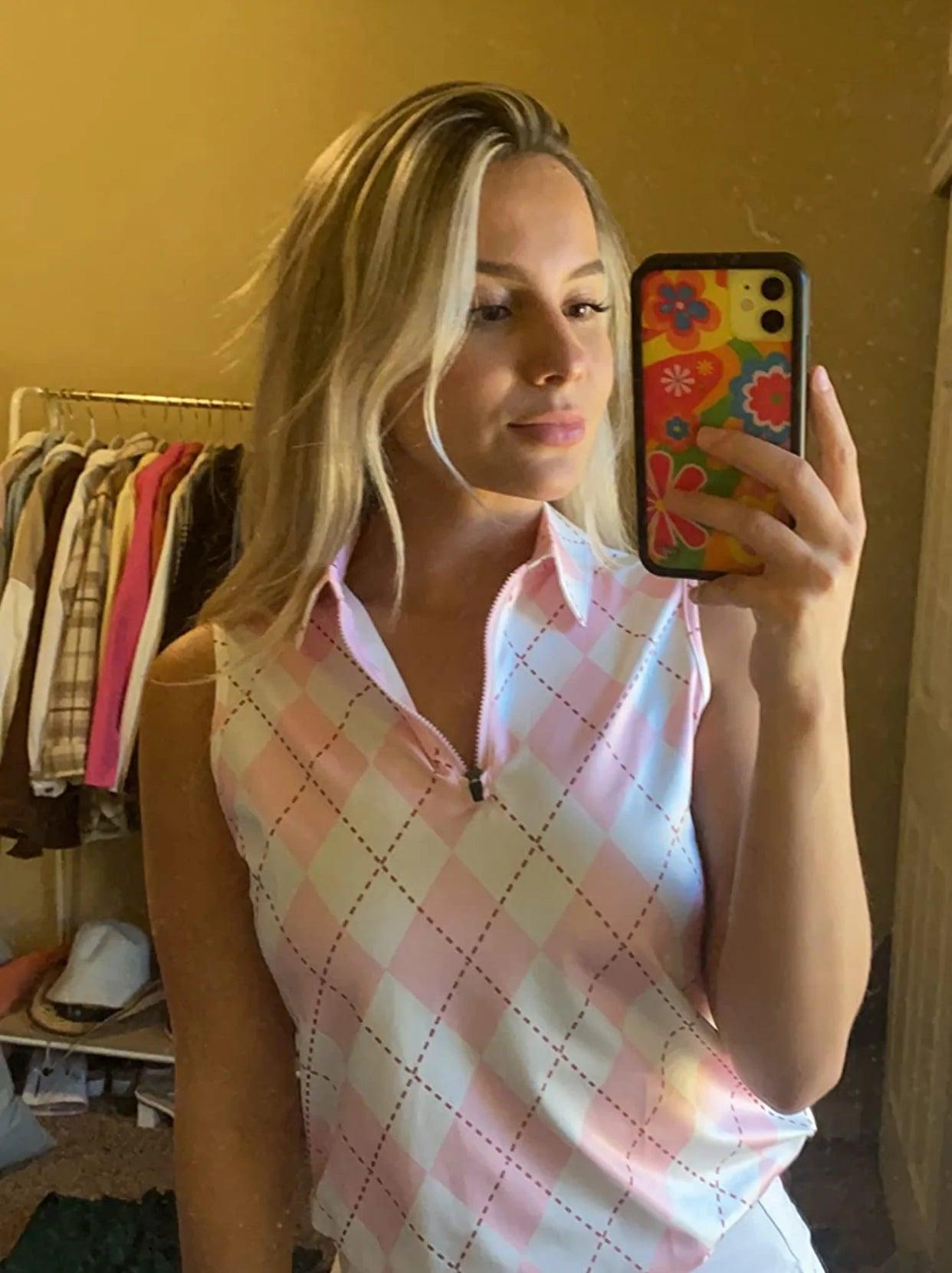 Pink And White Checkerboard Sleeveless Quarter-Zip Golf Polo For Women